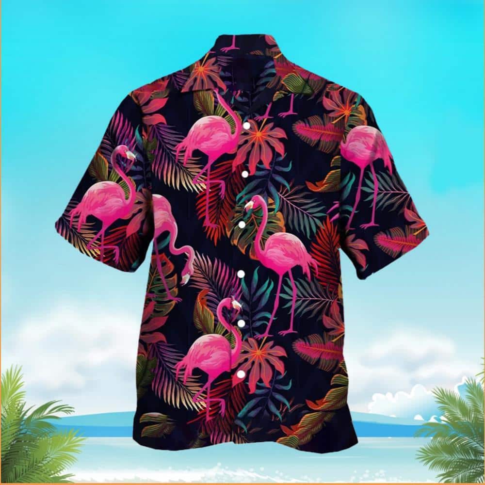Flamingo Hawaiian Shirt Palm Leaves Pattern Beach Gift For Friend
