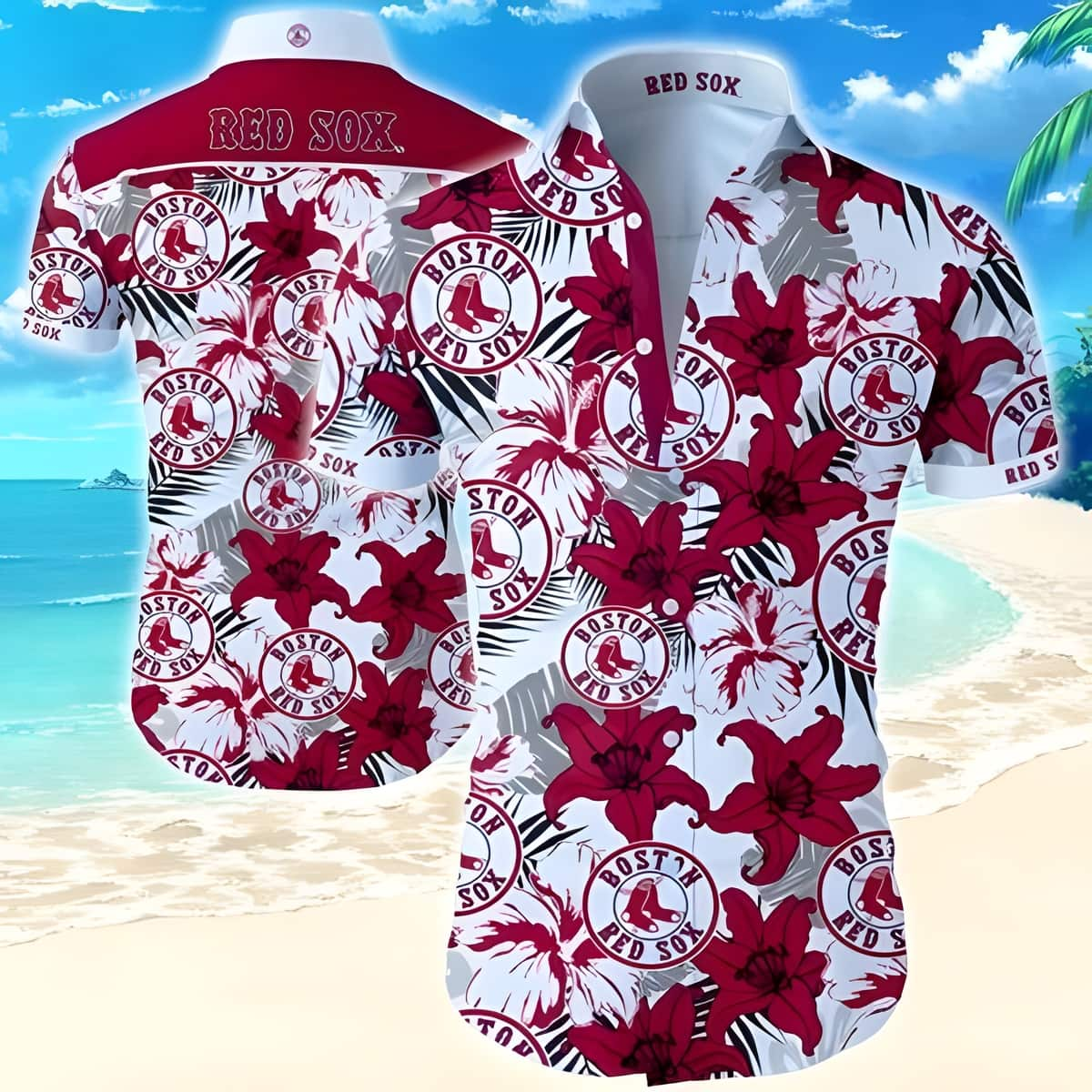 Boston Red Sox Hawaiian Shirt Tropical Flower Pattern Practical Beach Gift