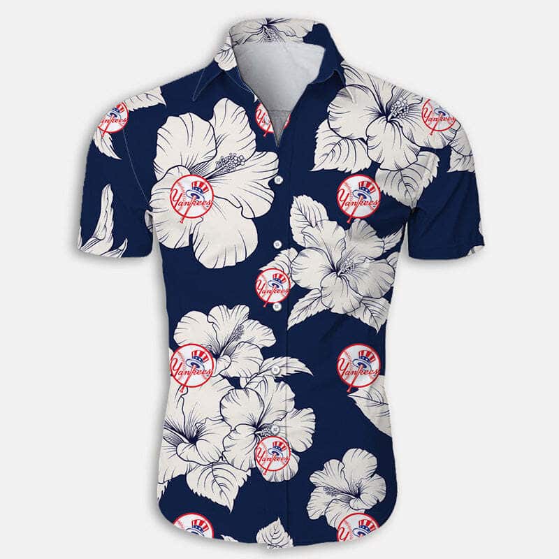 New York Yankees Hawaiian Shirt White Hibiscus Flower Pattern All Over Print