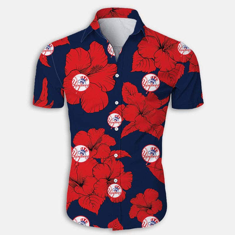 New York Yankees Hawaiian Shirt Hibiscus Flower Pattern All Over Print