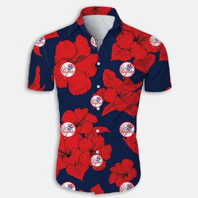 New York Yankees Hawaiian Shirt Hibiscus Flower Pattern All Over Print