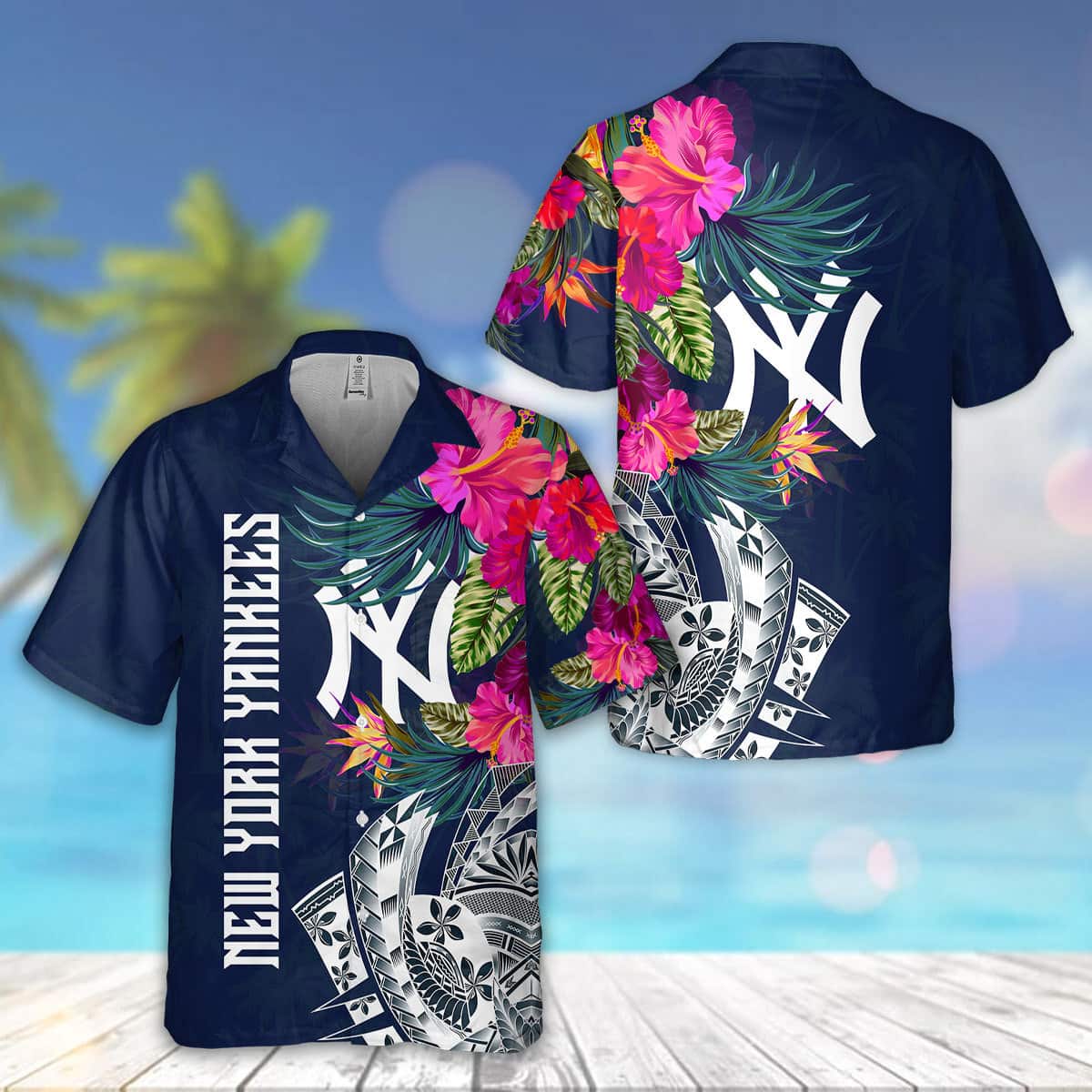 New York Yankees Hawaiian Shirt Tribal Tropical Flower Pattern Beach Lovers Gift