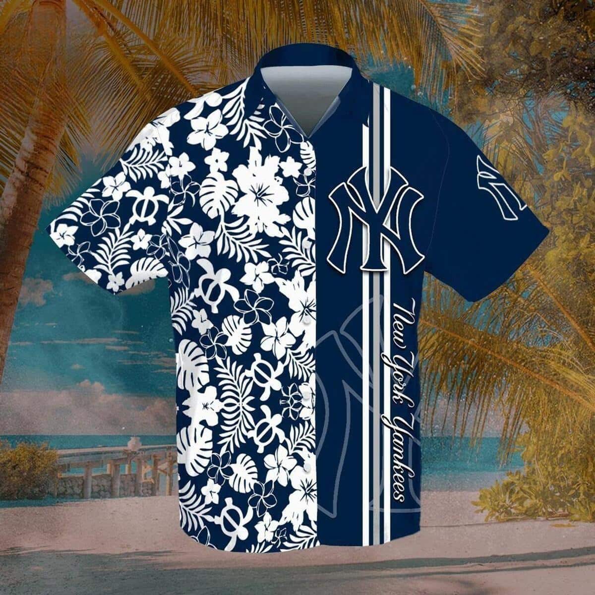 Navy Aloha New York Yankees Hawaiian Shirt Beach Vacation Gift