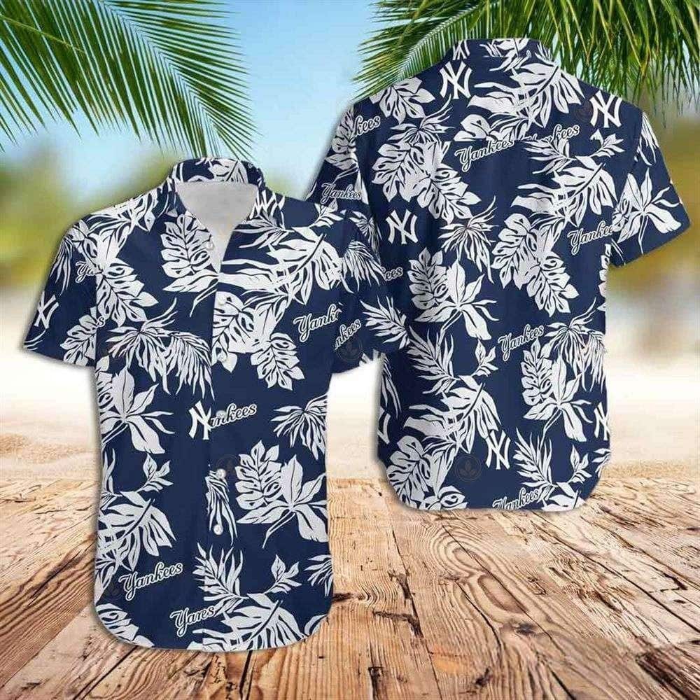 New York Yankees Hawaiian Shirt Jungle Leaves Pattern All Over Print