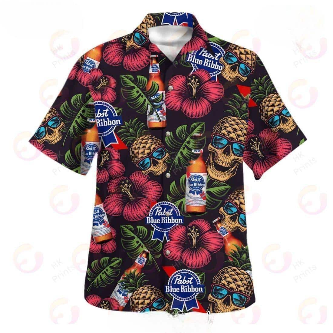 Pabst Blue Ribbon Beer Hawaiian Shirt Skull Pineapple Hibiscus Flower Palm Leaves