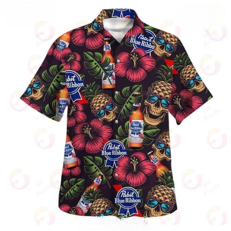 Pabst Blue Ribbon Beer Hawaiian Shirt Skull Pineapple Hibiscus Flower Palm Leaves Pabst Blue Ribbon Beer Hawaiian Shirt Skull Pineapple Hibiscus Flower Palm Leaves