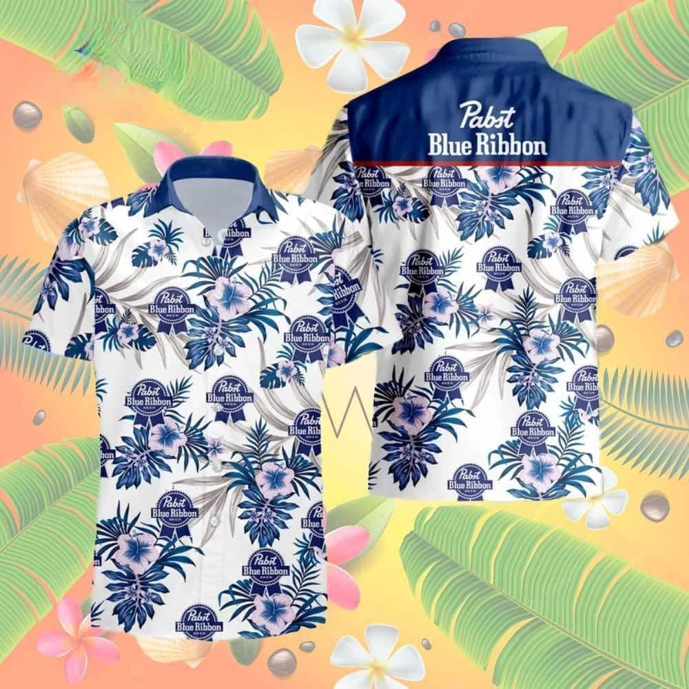 Pabst Blue Ribbon Hawaiian Shirt Hibiscus Flower Pattern All Over Print