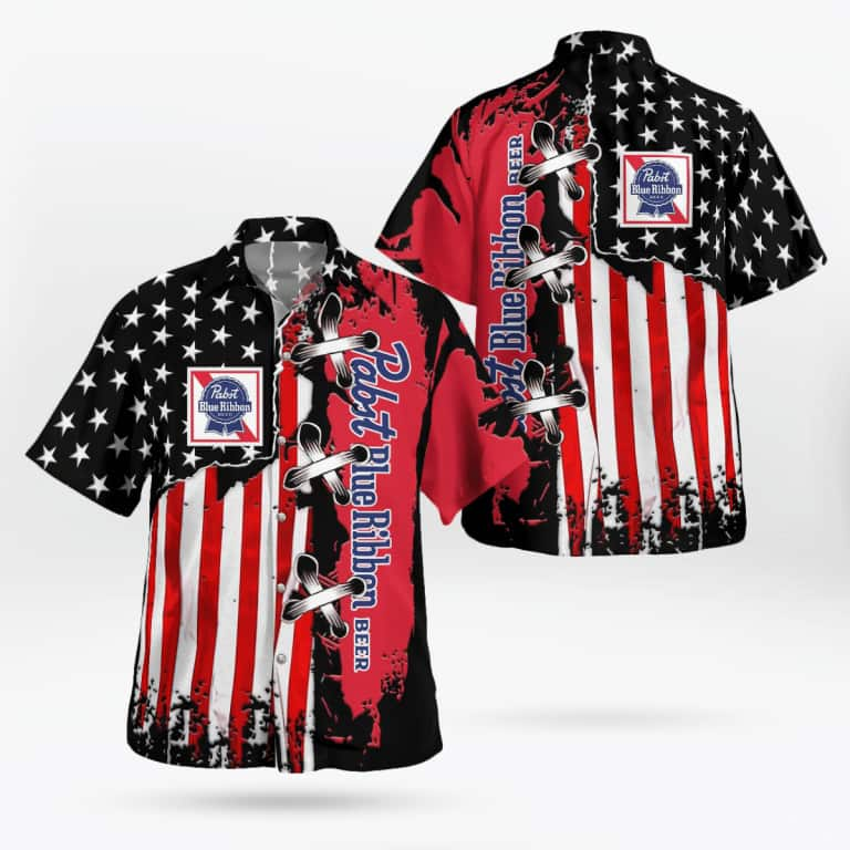 Pabst Blue Ribbon Beer Hawaiian Shirt US Flag Independence Day 4th Of July