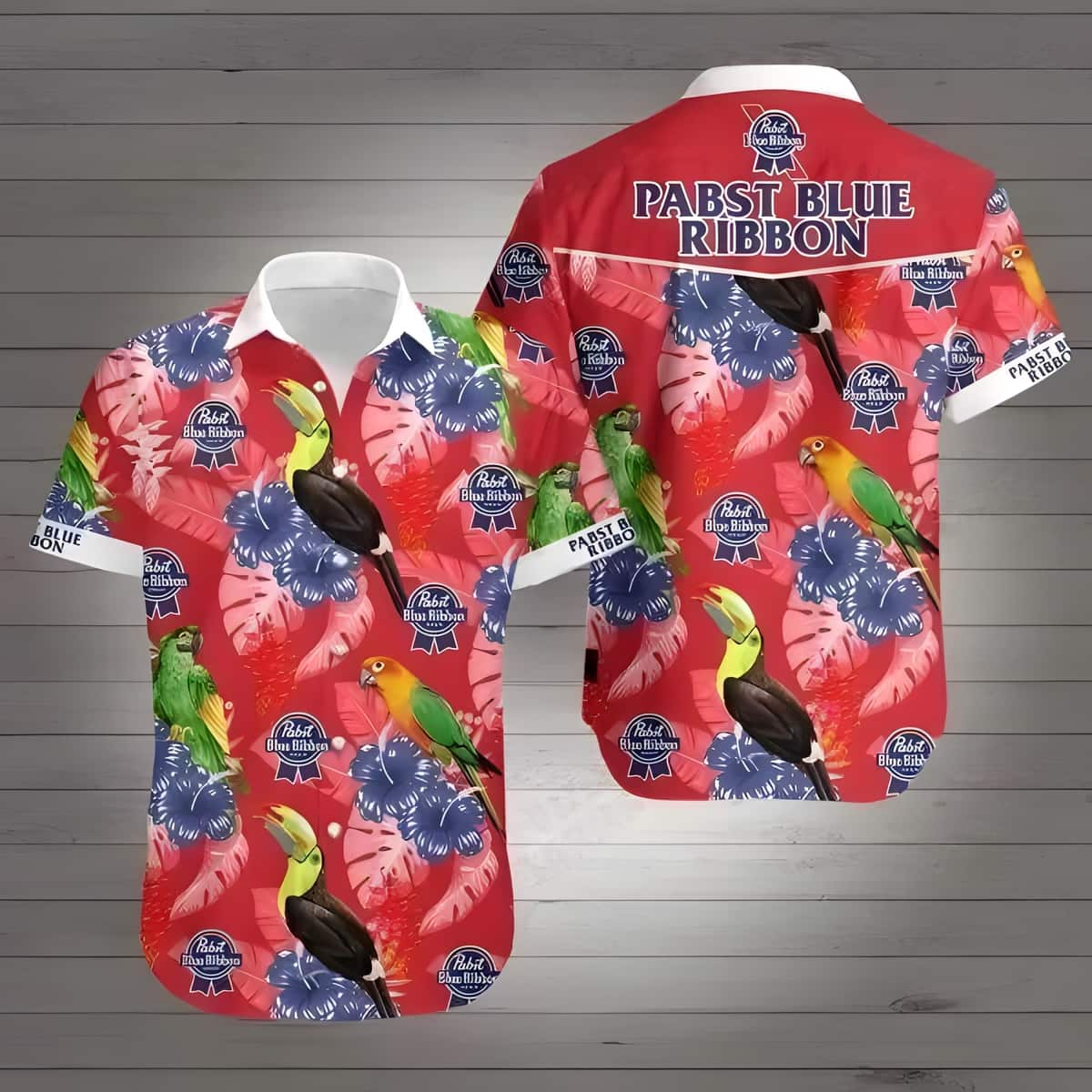 Pabst Blue Ribbon Hawaiian Shirt Parrot Hibiscus Flower All Over Print