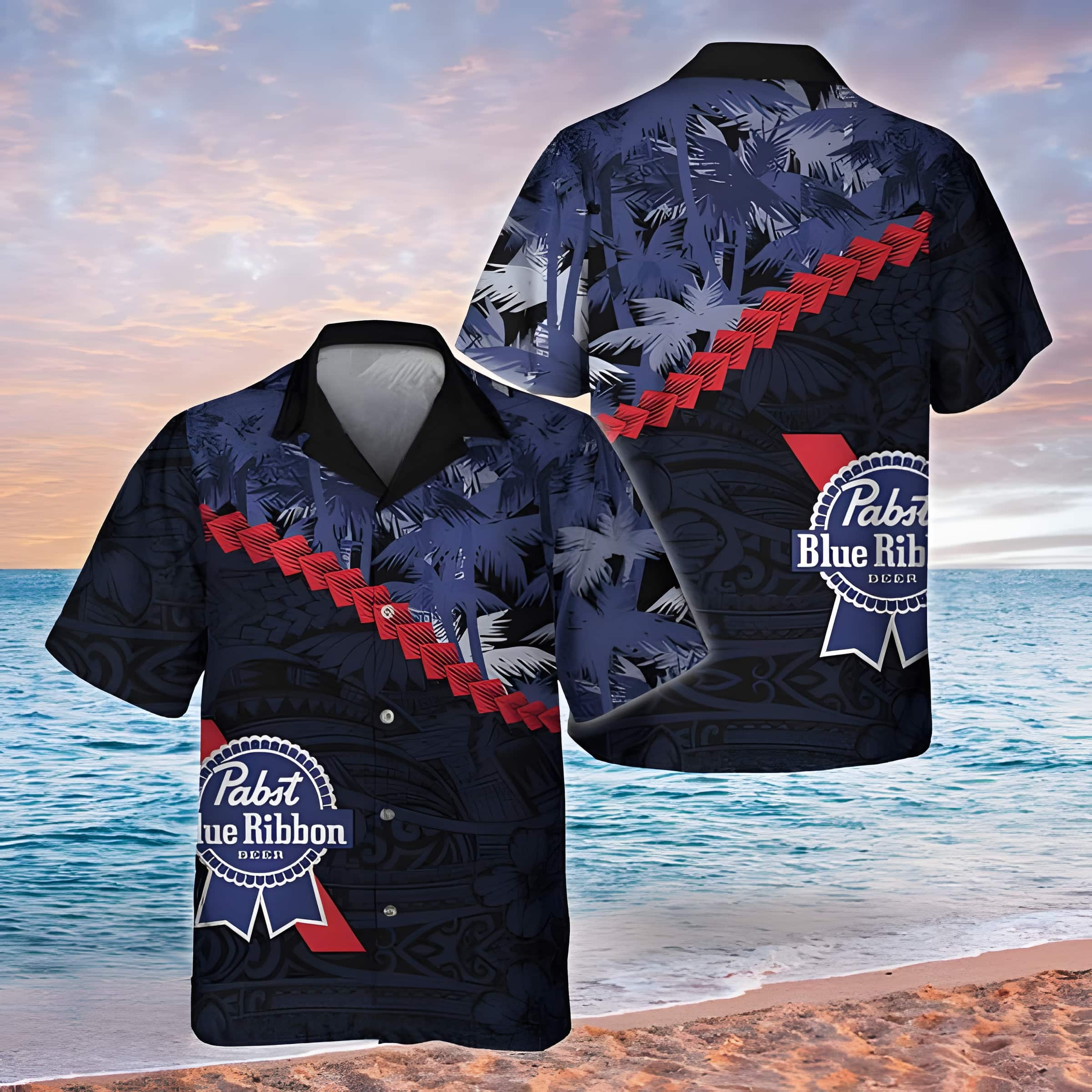 Pabst Blue Ribbon Hawaiian Shirt Palm Tree Blend Polynesian Pattern