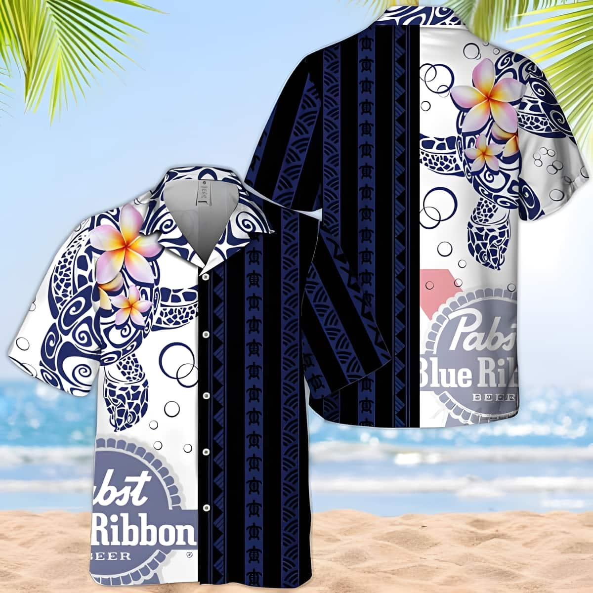 Pabst Blue Ribbon Beer Hawaiian Shirt Polynesian Blend Ocean Turtle