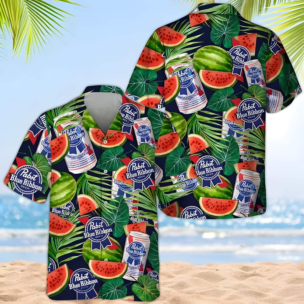 Pabst Blue Ribbon Beer Hawaiian Shirt Watermelon Pattern