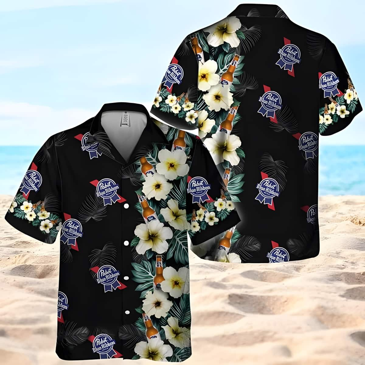 Black Pabst Blue Ribbon Hawaiian Shirt Hibiscus Flower Pattern