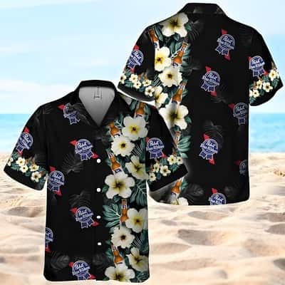 Black Pabst Blue Ribbon Hawaiian Shirt Hibiscus Flower Pattern Black Pabst Blue Ribbon Hawaiian Shirt Hibiscus Flower Pattern