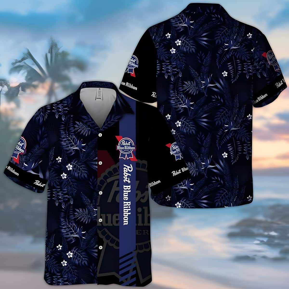 Midnight Pabst Blue Ribbon Hawaiian Shirt Tropical Foliage Beach Gift For Him