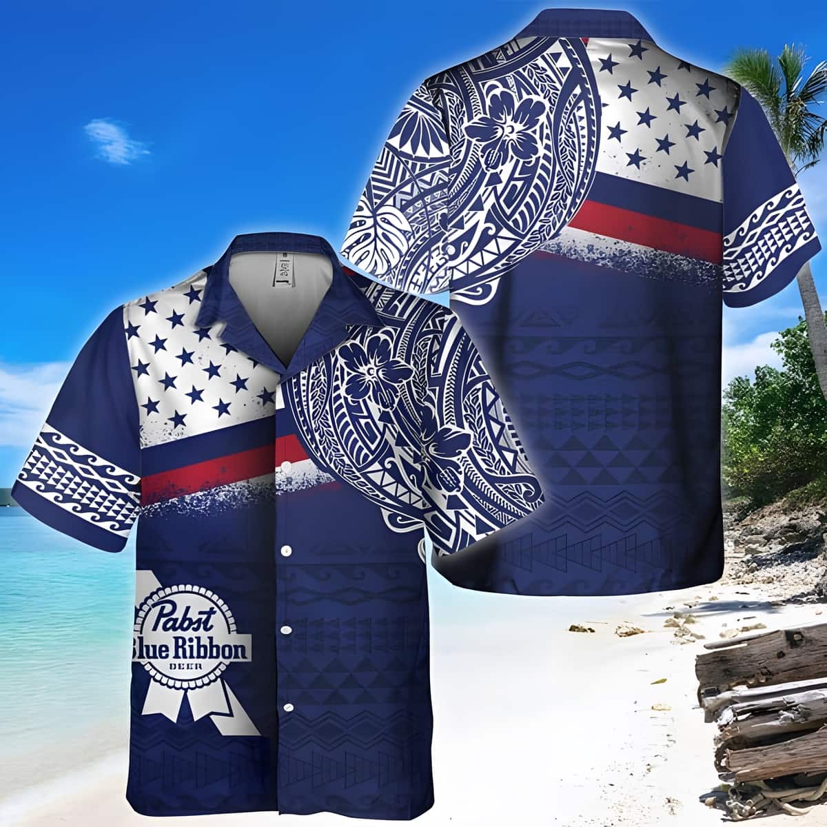 Pabst Blue Ribbon Hawaiian Shirt Polynesian Pattern All Over Print