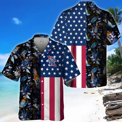 Pabst Blue Ribbon Hawaiian Shirt US Flag Tropical Flowers Beer Lovers Gift Pabst Blue Ribbon Hawaiian Shirt US Flag Tropical Flowers Beer Lovers Gift