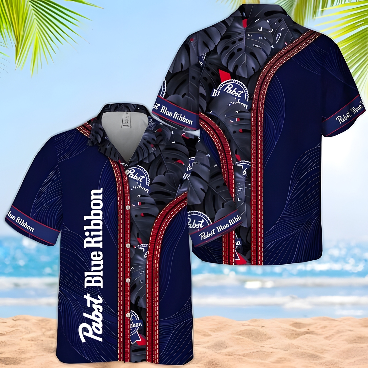 Pabst Blue Ribbon Hawaiian Shirt Tropical Monstera Beach Lovers Gift