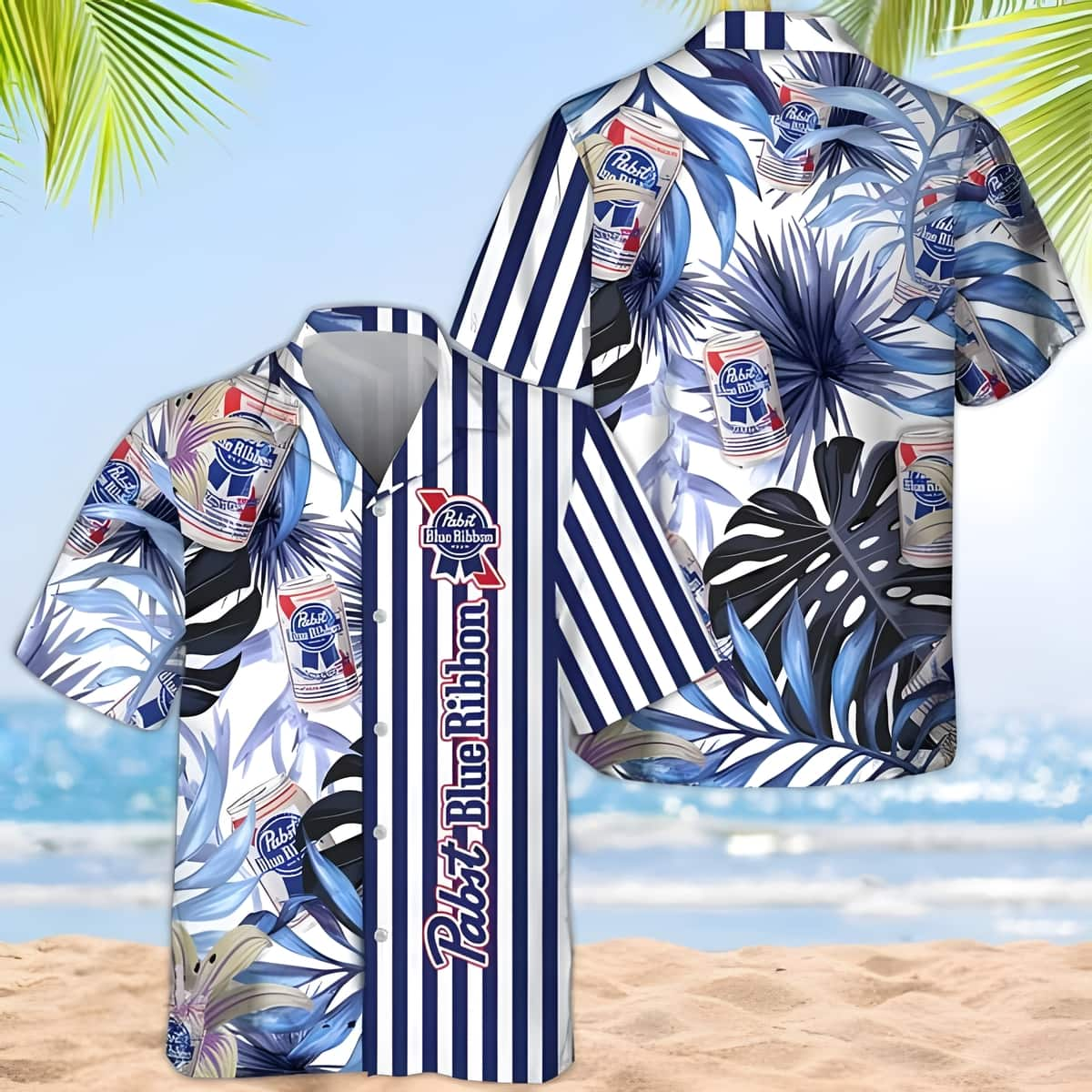 Pabst Blue Ribbon Beer Hawaiian Shirt Tropical Plant Leaf Practical Beach Gift