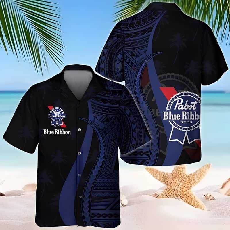 Pabst Blue Ribbon Beer Hawaiian Shirt Blue Polynesian Pattern Pabst Blue Ribbon Beer Hawaiian Shirt Blue Polynesian Pattern