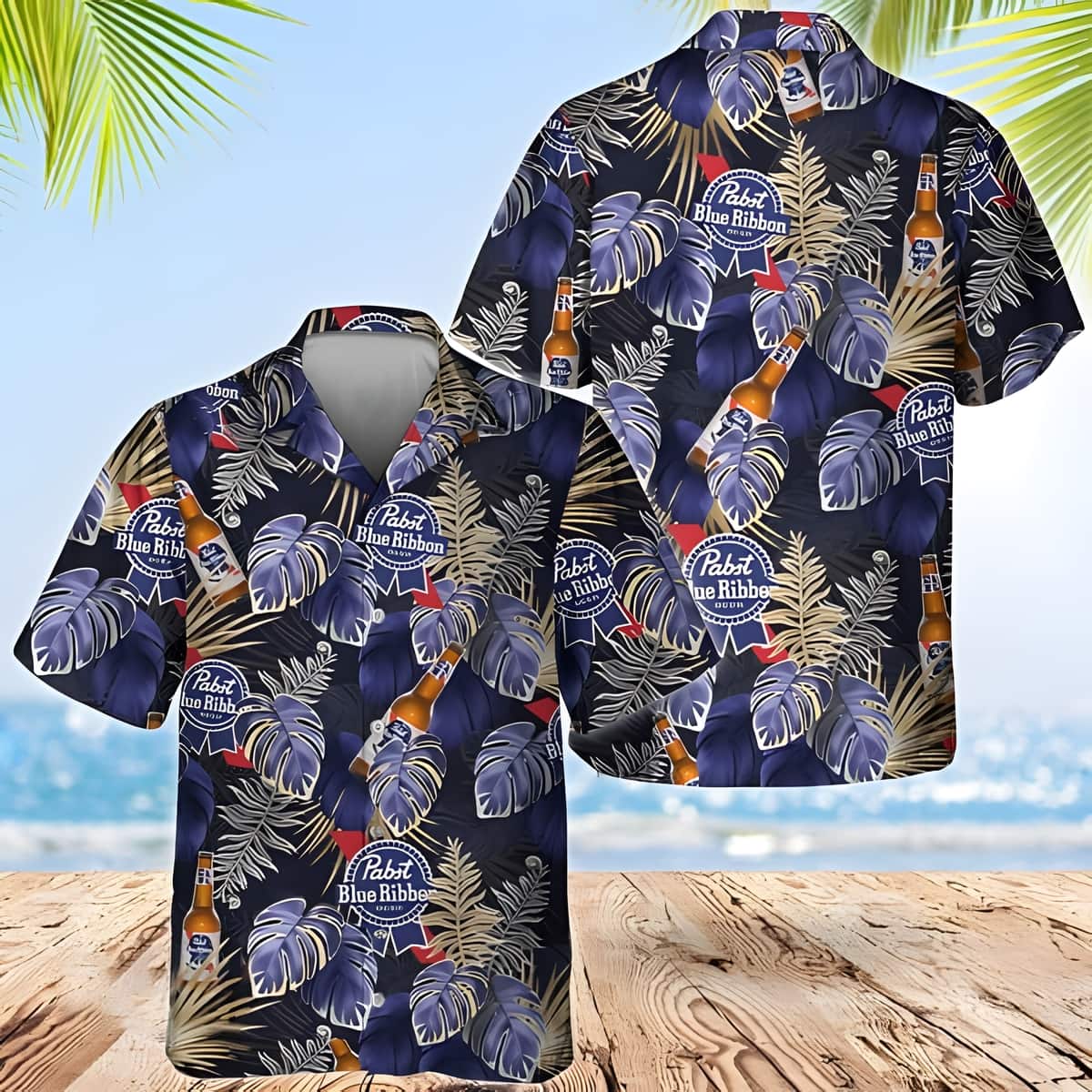 Pabst Blue Ribbon Hawaiian Shirt Tropical Palm Leaves Summer Beach Gift