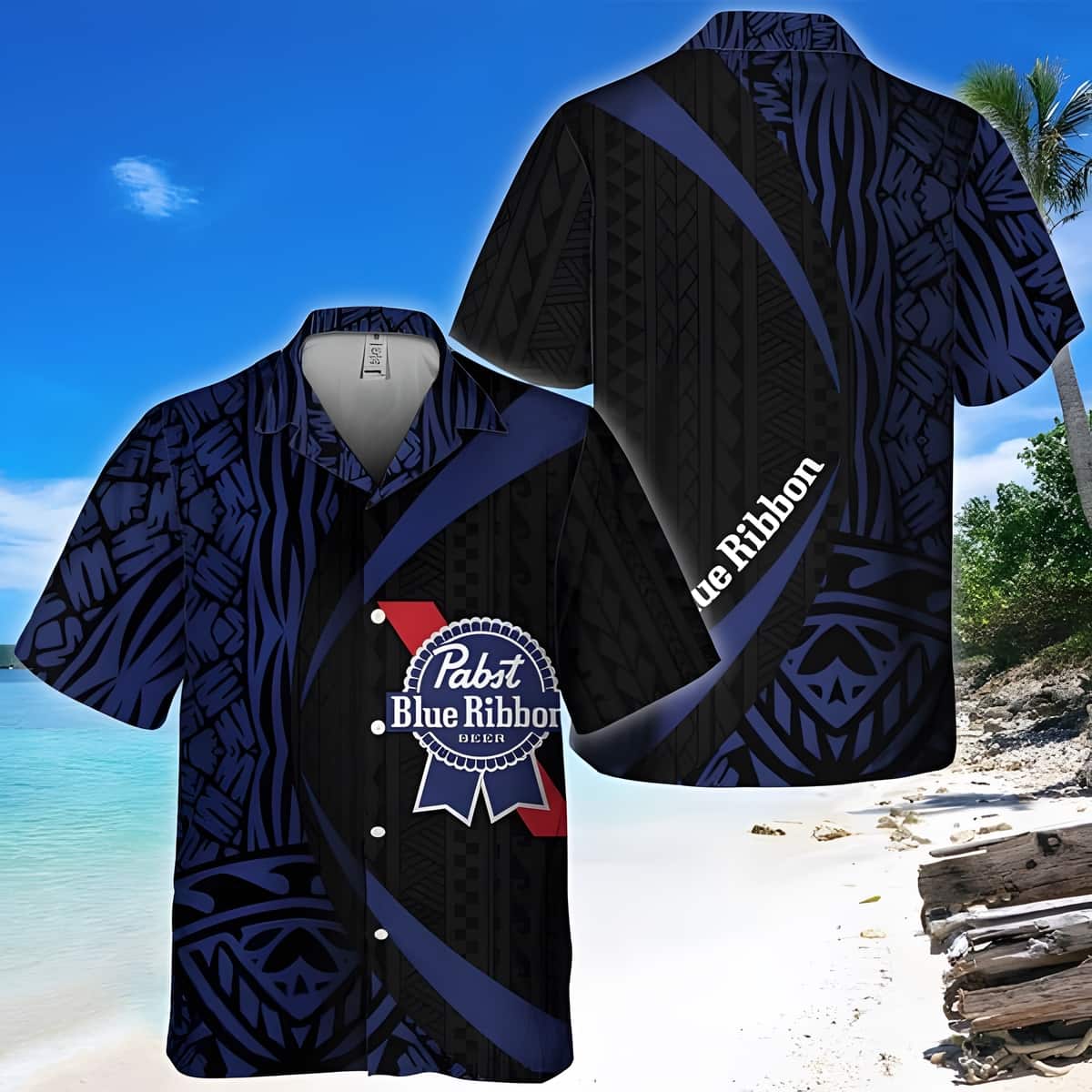 Pabst Blue Ribbon Beer Hawaiian Shirt Samoan Pattern Summer Beach Gift