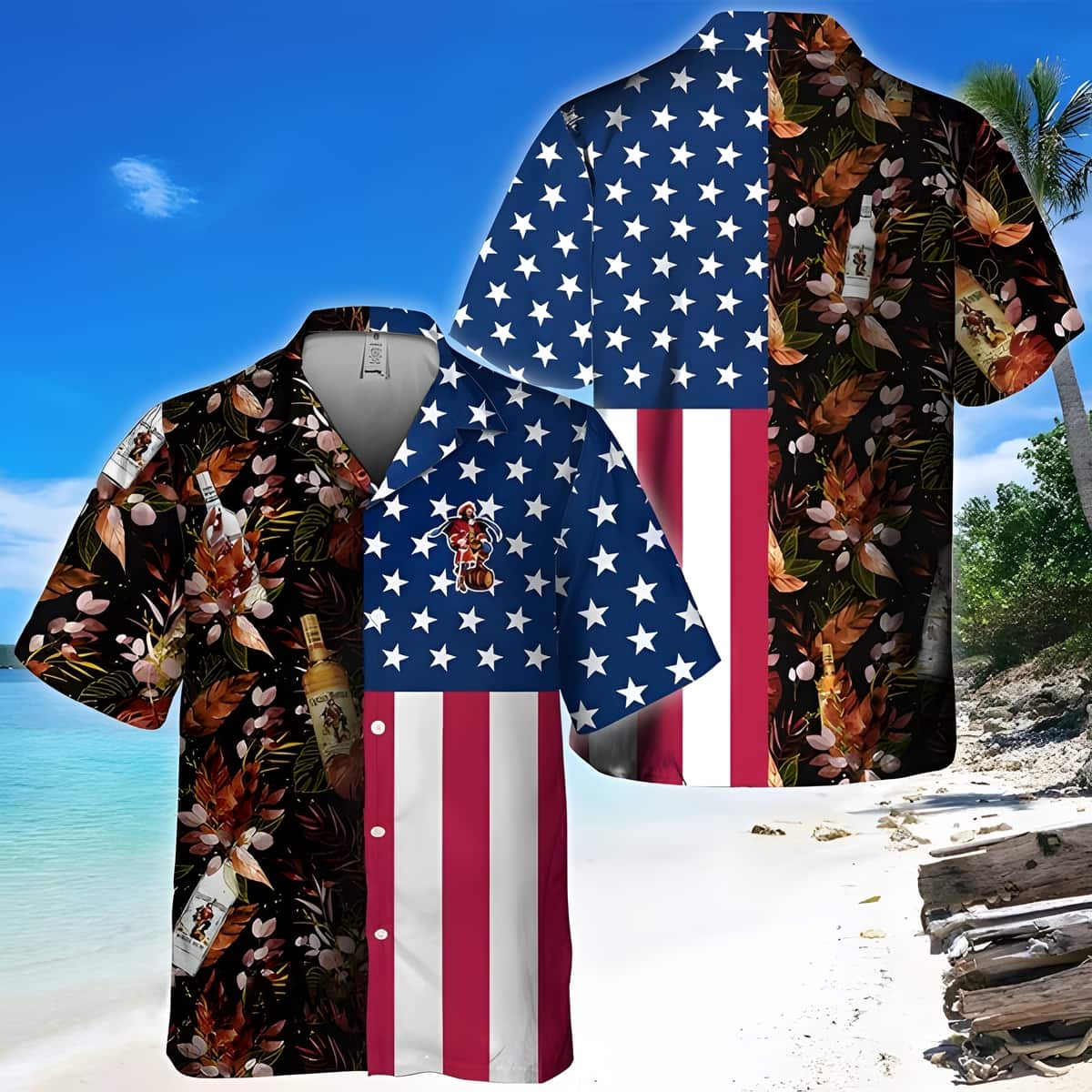 Captain Morgan Hawaiian Shirt US Flag Tropical Flowers