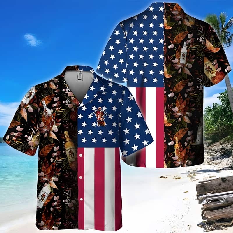 Captain Morgan Hawaiian Shirt US Flag Tropical Flowers Captain Morgan Hawaiian Shirt US Flag Tropical Flowers