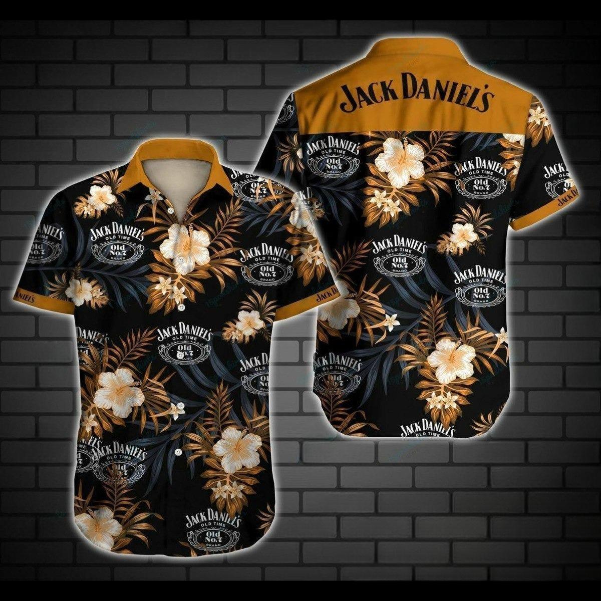 Jack Daniels Hawaiian Shirt Tropical Flowers On Dark Background