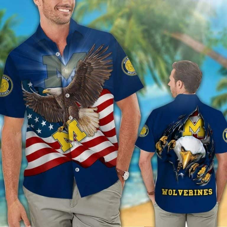 Michigan Wolverines Hawaiian Shirt US Flag Eagle Independence Day 4th Of July