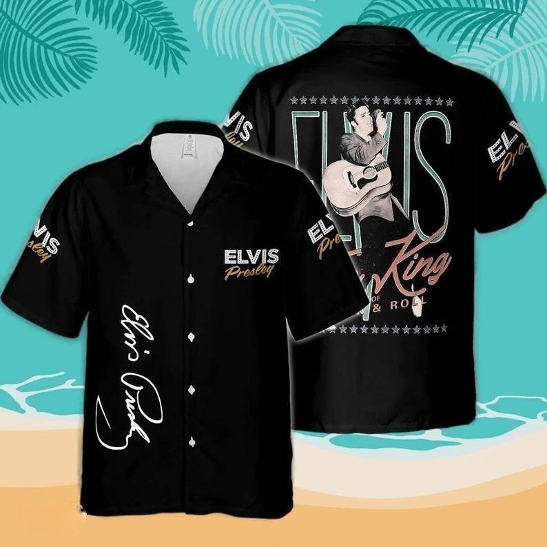 Black Aloha King Of Rock And Roll Elvis Presley Hawaiian Shirt