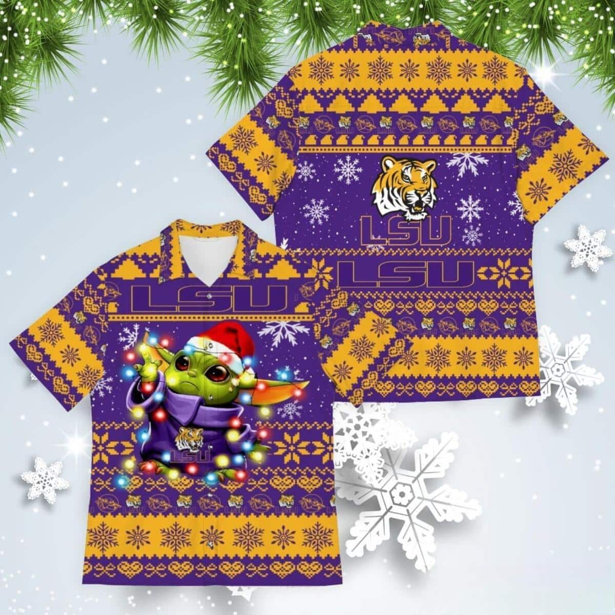 LSU Tigers Hawaiian Shirt Christmas Baby Yoda Star Wars