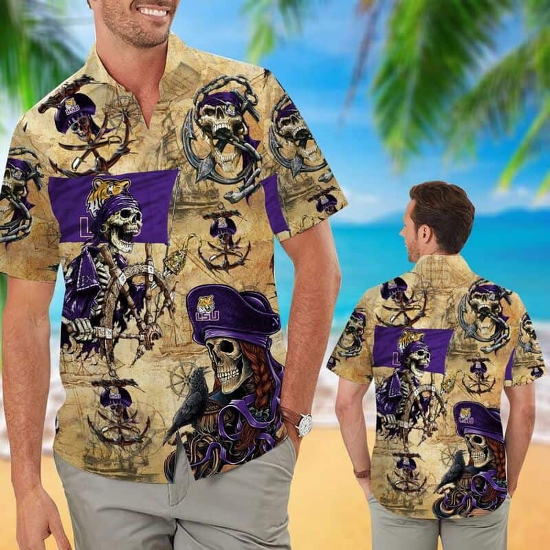 LSU Tigers Hawaiian Shirt Pirates Skull Beach Gift For Sport Fans LSU Tigers Hawaiian Shirt Pirates Skull Beach Gift For Sport Fans