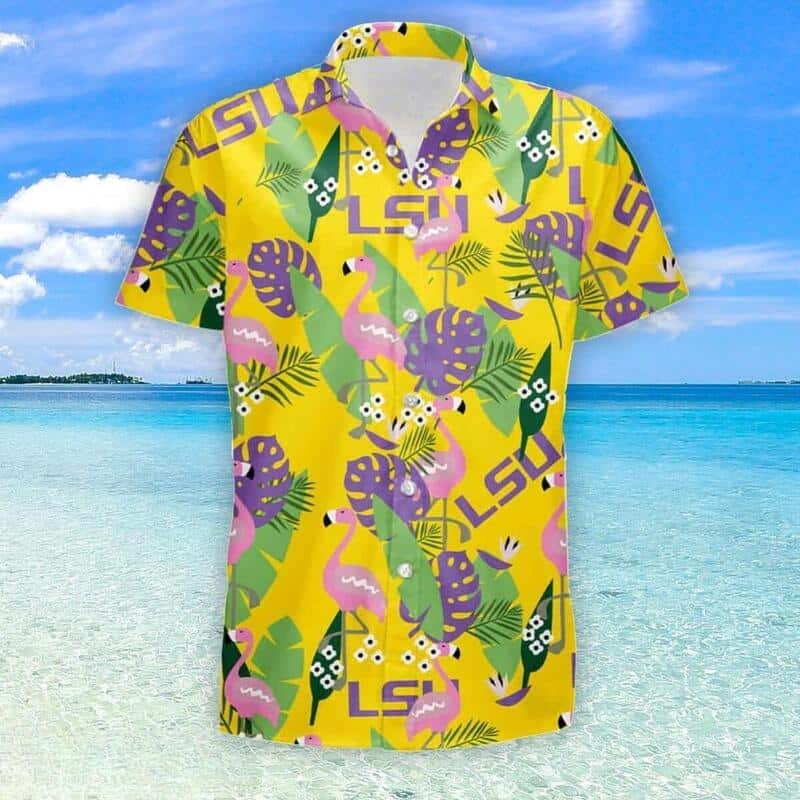 NCAA LSU Hawaiian Shirt Flamingo Pattern Summer Beach Gift NCAA LSU Hawaiian Shirt Flamingo Pattern Summer Beach Gift
