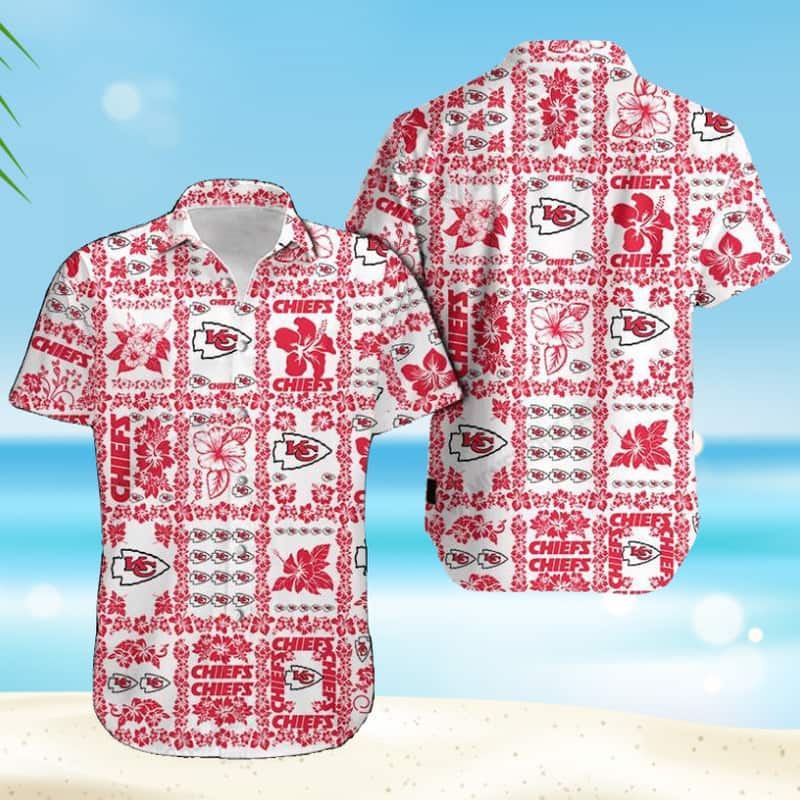 NFL Kansas City Chiefs Hawaiian Shirt Hibiscus Flowers Pattern Summer Beach Gift NFL Kansas City Chiefs Hawaiian Shirt Hibiscus Flowers Pattern Summer Beach Gift