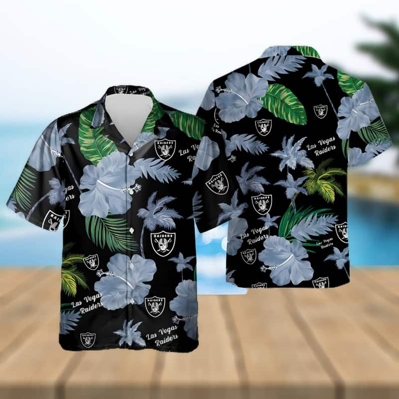 NFL Las Vegas Raiders Hawaiian Shirt Hibiscus Flower Pattern On Dark Theme NFL Las Vegas Raiders Hawaiian Shirt Hibiscus Flower Pattern On Dark Theme