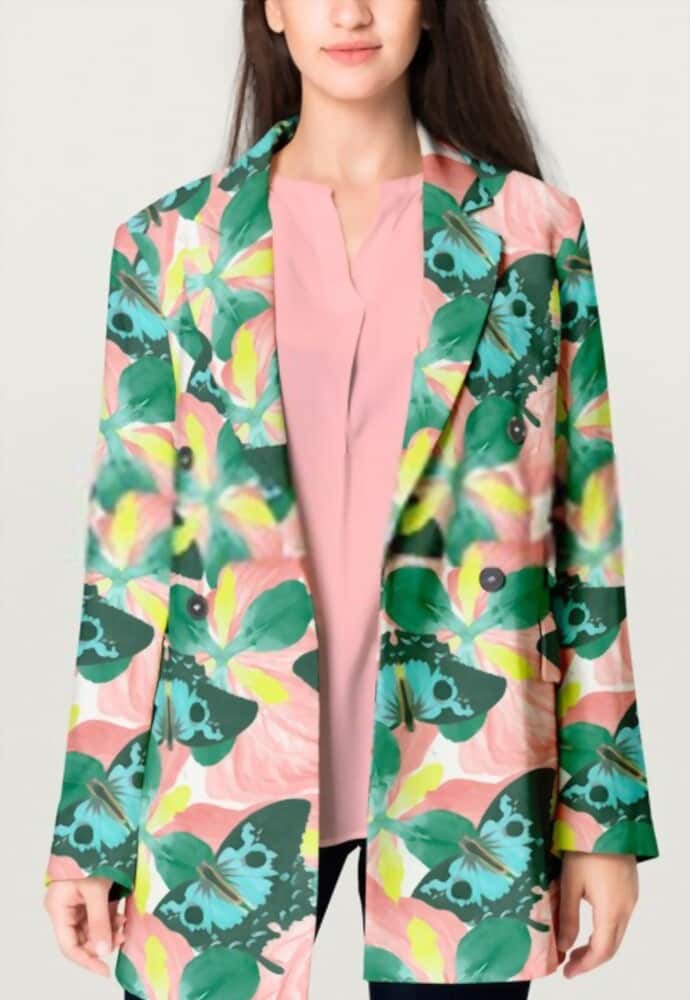 a young girl wearing tropical blazer and pink shirt on the white background a young girl wearing tropical blazer and pink shirt on the white background