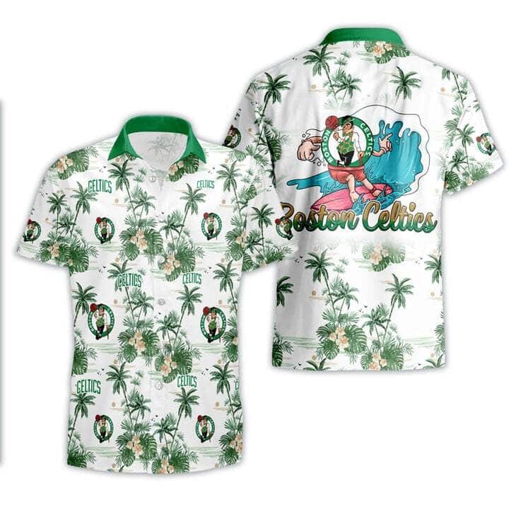 Boston Celtics Hawaiian Shirt Tropical Flower Pattern On White Theme