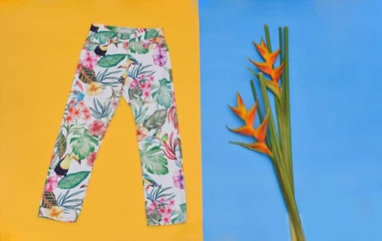 pants with big flowers on the orange background on the left, and flowers on the blue background on the right pants with big flowers on the orange background on the left, and flowers on the blue background on the right