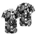 Las Vegas Raiders Hawaiian Shirt Coconut Leaves And Skulls On Dark Theme Las Vegas Raiders Hawaiian Shirt Coconut Leaves And Skulls On Dark Theme