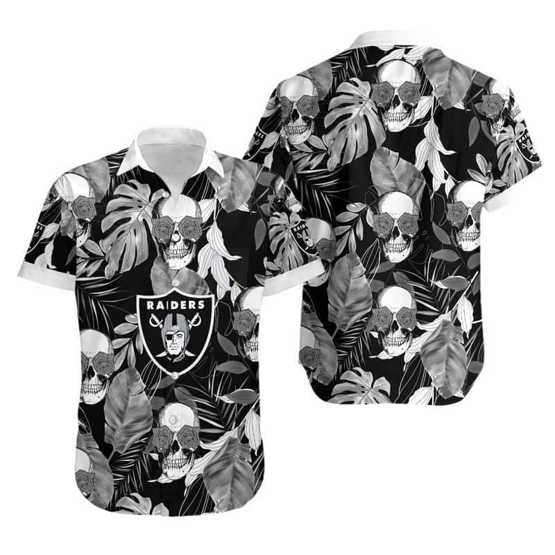 Las Vegas Raiders Hawaiian Shirt Coconut Leaves And Skulls On Dark Theme