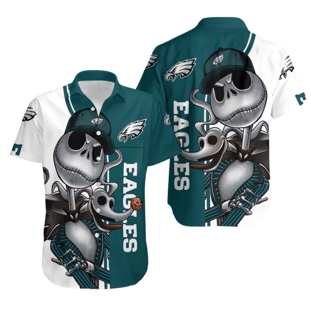 Jack Skellington And Zero NFL Philadelphia Eagles Hawaiian Shirt Jack Skellington And Zero NFL Philadelphia Eagles Hawaiian Shirt