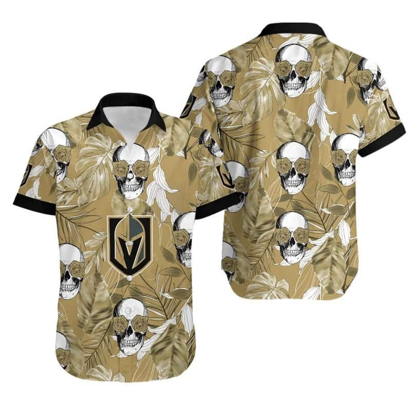 Aloha Vegas Golden Knights Hawaiian Shirt Skull Rose And Tropical Palm Leaves