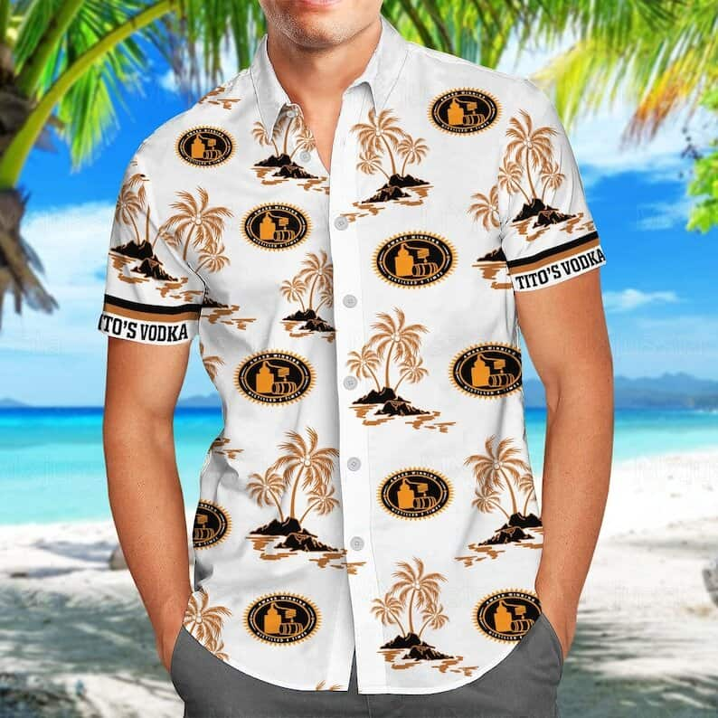 White Aloha Tito's Vodka Hawaiian Shirt Island Pattern Summer Beach Gift