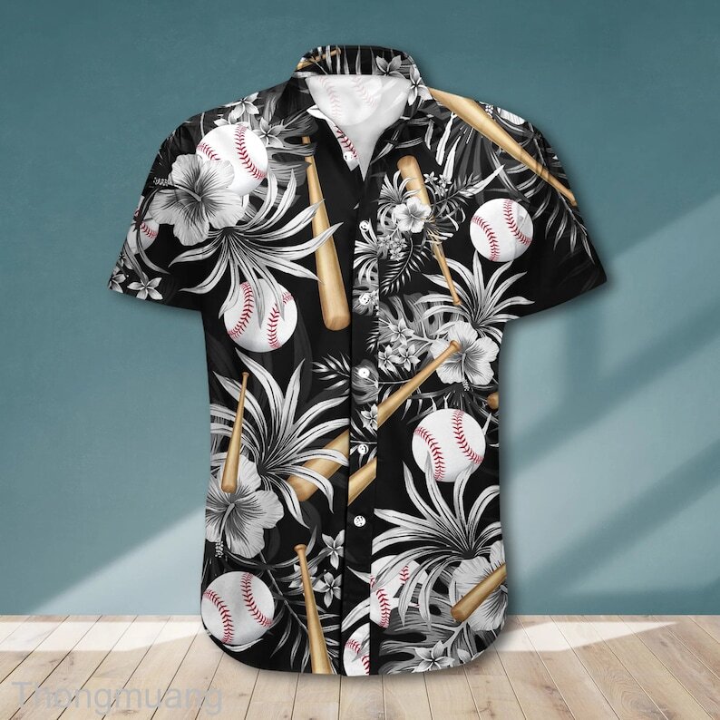 Aloha Baseball Hawaiian Shirt Tropical And Baseball Pattern On Black Theme
