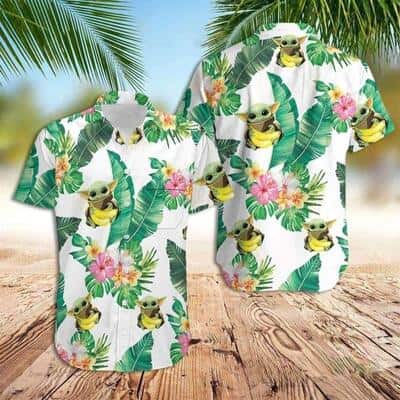 Star Wars Baby Yoda Hugging Bananas Tropical Leaves White Aloha Hawaiian Shirt