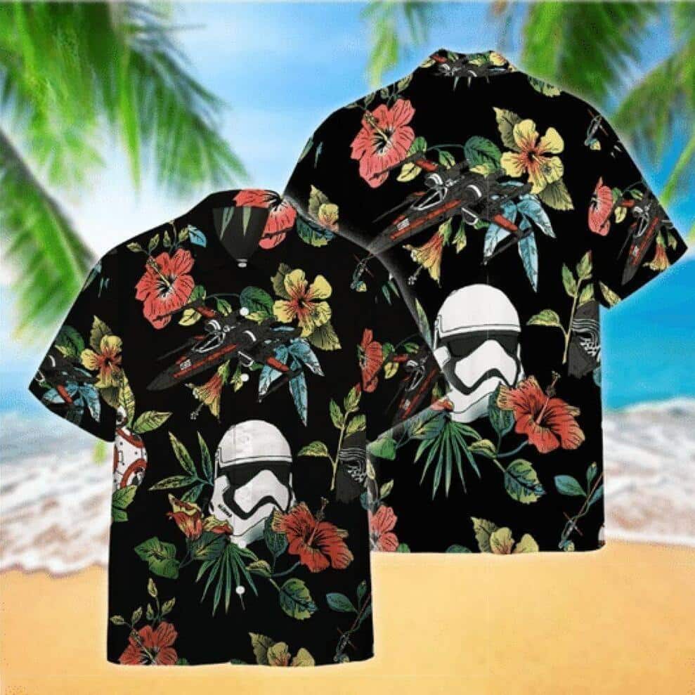 Black Aloha Star Wars Stormtrooper & Spaceship Hawaiian Shirt Hibicus Pattern Black Aloha Star Wars Stormtrooper & Spaceship Hawaiian Shirt Hibicus Pattern