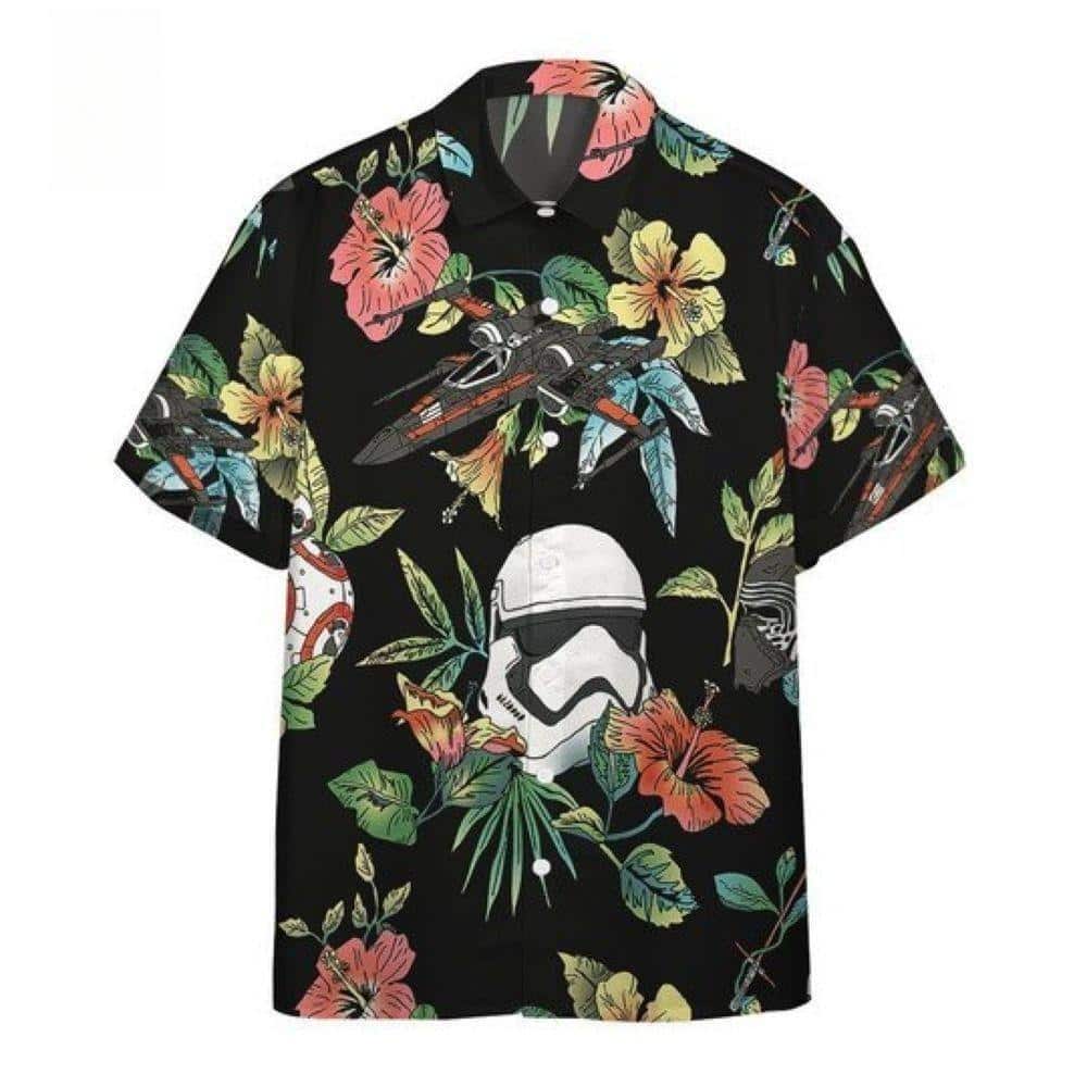 Black Aloha Star Wars Stormtrooper & Spaceship Hawaiian Shirt Hibicus Pattern Black Aloha Star Wars Stormtrooper & Spaceship Hawaiian Shirt Hibicus Pattern