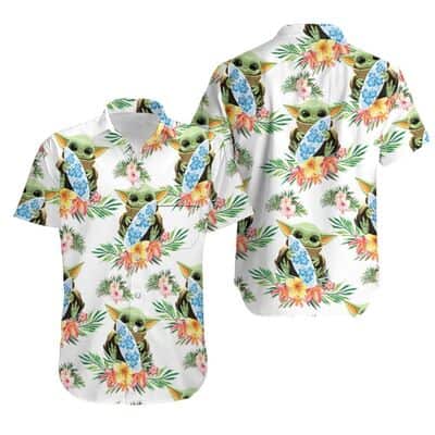White Aloha Star Wars Baby Yoda Hugging Surf Boards Hawaiian Shirt