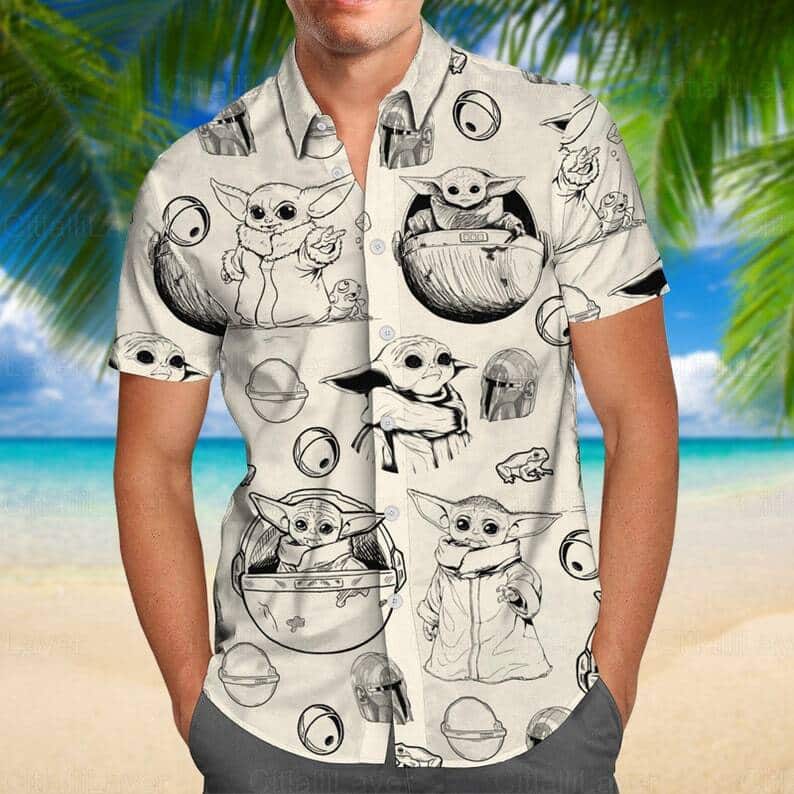 White Aloha Baby Yoda Star Wars Hawaiian Shirt Gift For Mandalorian Fans